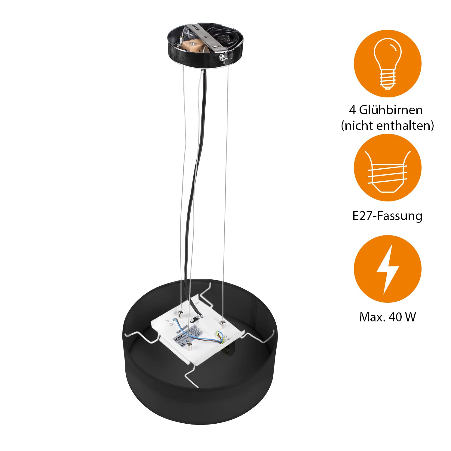 Smartwares Deckenleuchte – Textilschirm – 60 cm Ø – 4x E27 – Max. 18 W – Für LED geeignet – Schwarz – IDE-60047