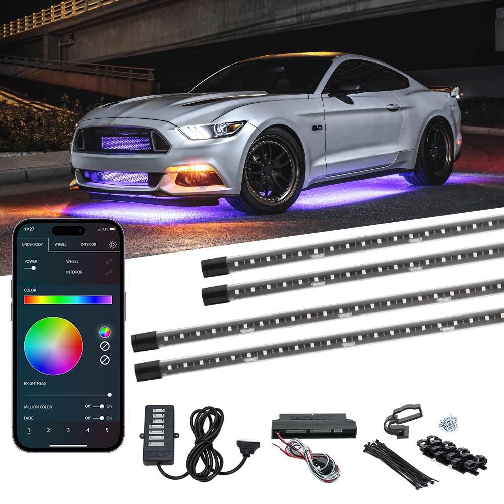LEDGlow 4pc Bluetooth Million Color LED Underbody Underglow Accent Neon Lighting Kit for Cars - Smartphone App - Courtesy Lights - Create Any Color - 16 Modes - Water Resistant Tubes - Control Box