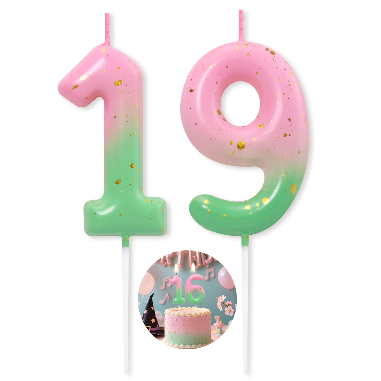 Pink Green Number 19 Candle Happy Birthday 3D Number Candles for Birthday Cake Party Decoration Wedding Anniversary Celebration Supplies