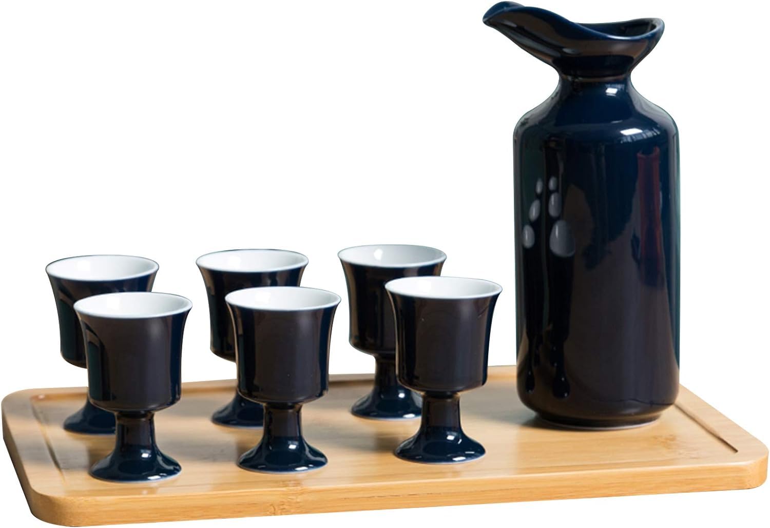 Ensemble de 8 Tasses à saké avec Plateau en Porcelaine Traditionnelle, Tasses en céramique, Verres à vin artisanaux, 6 Tasses, 1 Pot à saké et Plateau, Bleu fon