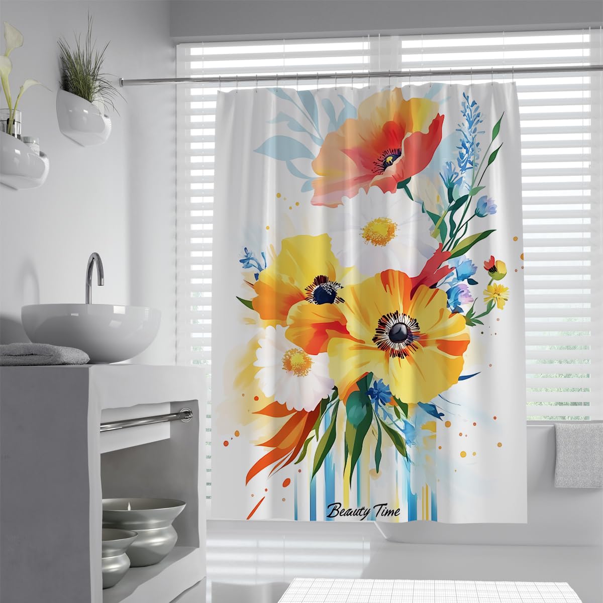 UIRINGART Vibrant Floral Flower Print Bathroom Curtain W180xL220cm Summer Wildflowers Pattern Polyester Water Repellent Anti Mould Shower Screen For Tub Home Hotel