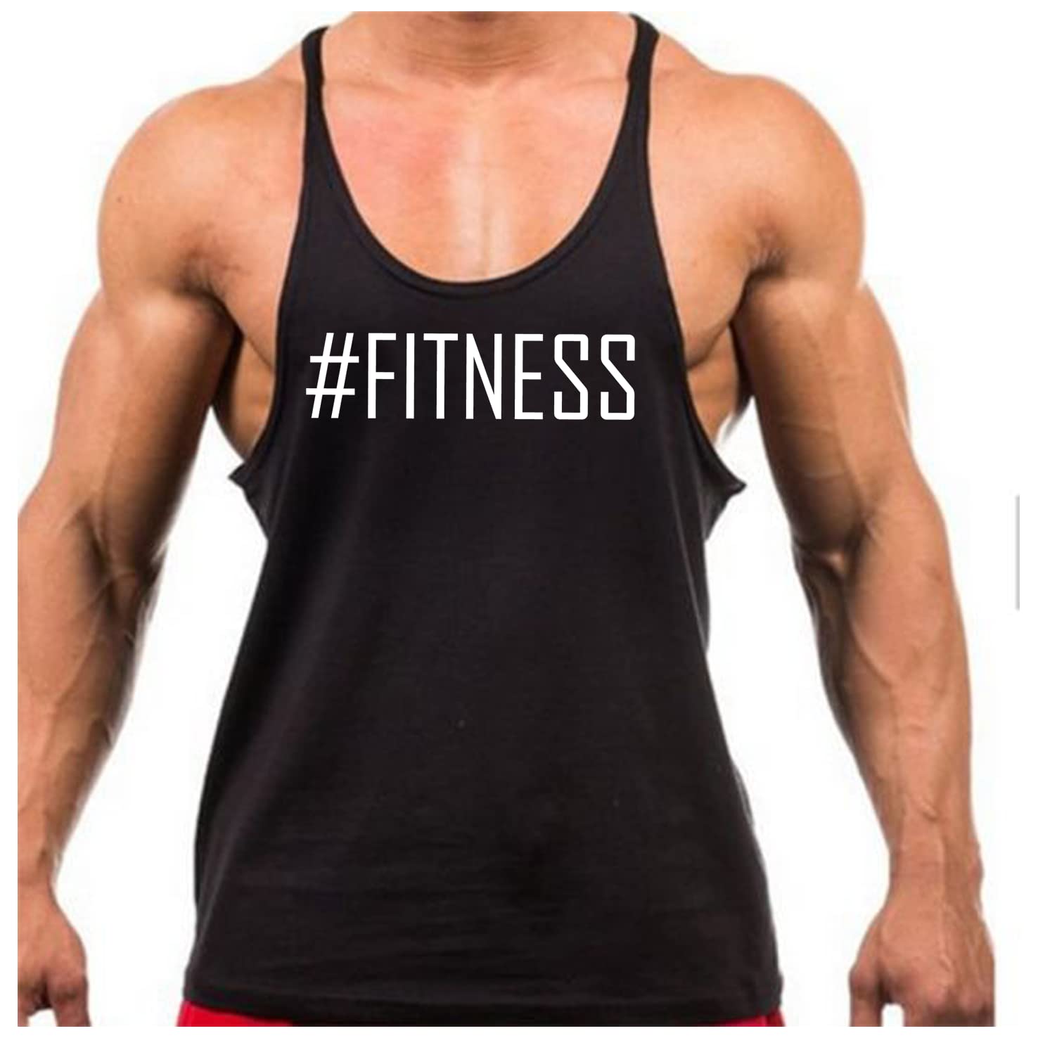 Crown Designs Men's Black With White Design Fitness Bodybuilding Weight-Training Sports Stringer Vest Top With Y Back Racerback Fit For & Teens - /Large