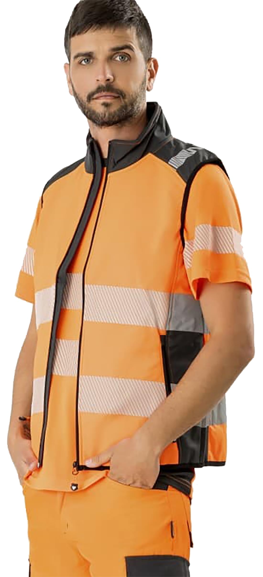 WORKTEAM Chaleco Softshell de Trabajo Alta Visibilidad, Cintas Reflectantes Discontinuas, Cortavientos, Impermeable e Interior de Alta Capacidad Térmica. Unisex