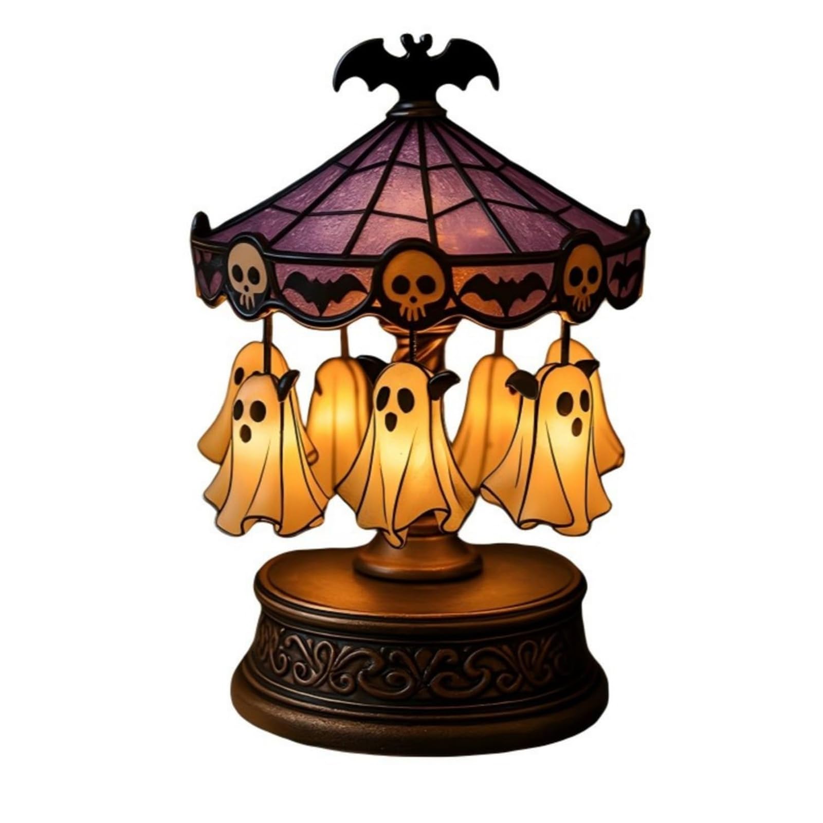 Ghost Carousel Light Halloween Ghost Night Light Gothic Stained Glass Shade Rotating Spooky Table Lamp with Floating Pumpkins Vintage Resin Base for Bedroom Home Decor 19.5cm Dark A1 Rotatable