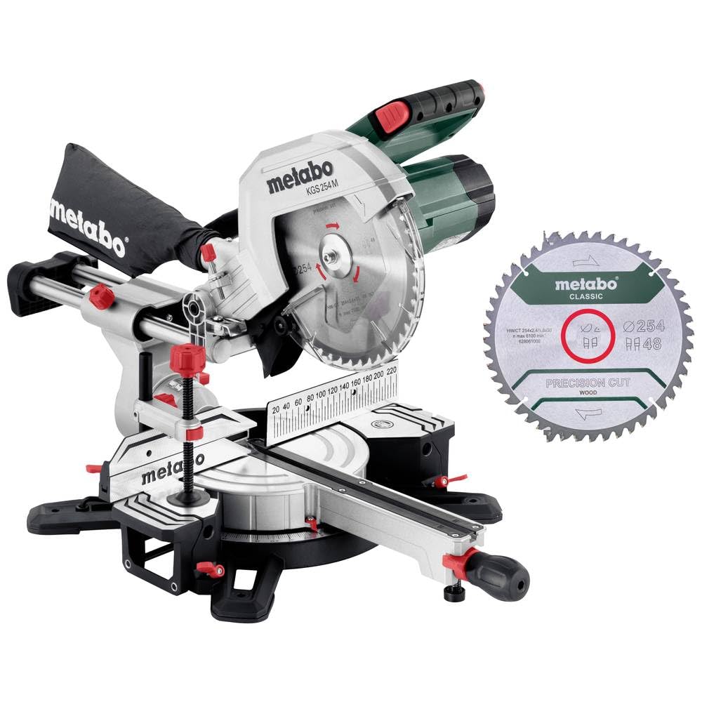 Metabo KGS 254 M - 613254900 - Scie à Onglets Radiale 1800W, Ligne de Coupe LED PCL, Capacité de Coupe 305x92mm, Diamètre 254mm, Livrée avec 2 Lames, Rallonges de Table et Sac