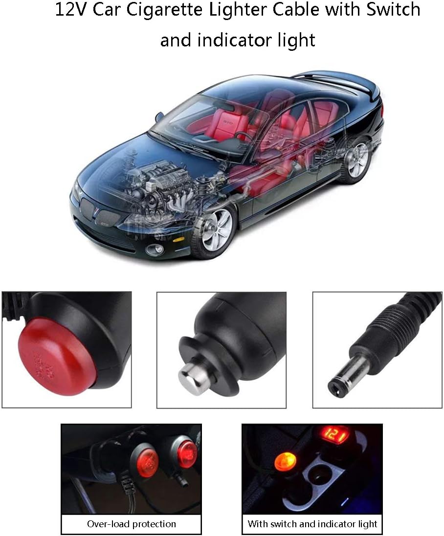 DC 5.5x2.1mm Car Charger 12V 12-Volt 24V 24-Volt Cigarette Lighter Power Supply Adapter Charger Cable with Switch Button for Car Truck Bus RV