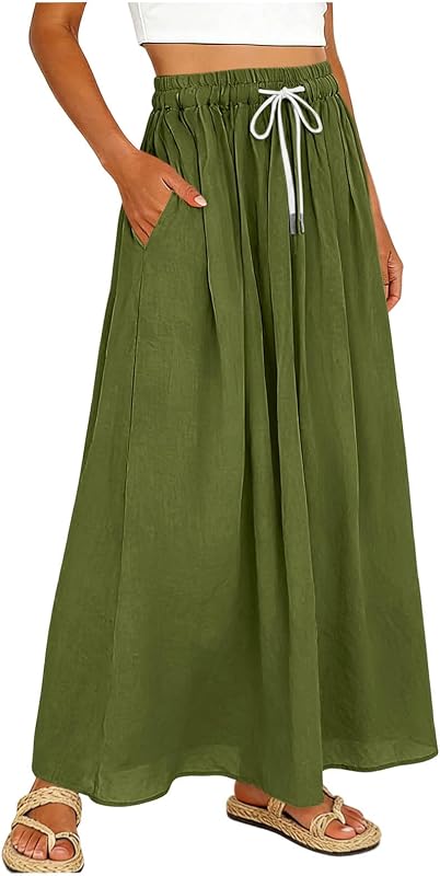 Women's Maxi Skirt High Waisted Flowy Drawstring Casual