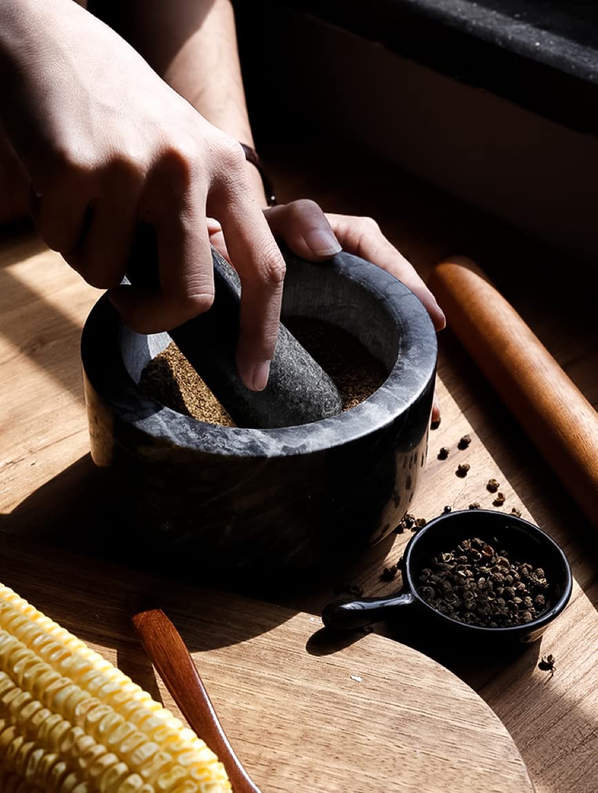 MARINDO Mortero con maja de granito natural, mortero de diseño con mortero extra largo y base de cobre revestida en oro, incluye almohadilla antideslizante e instrucciones