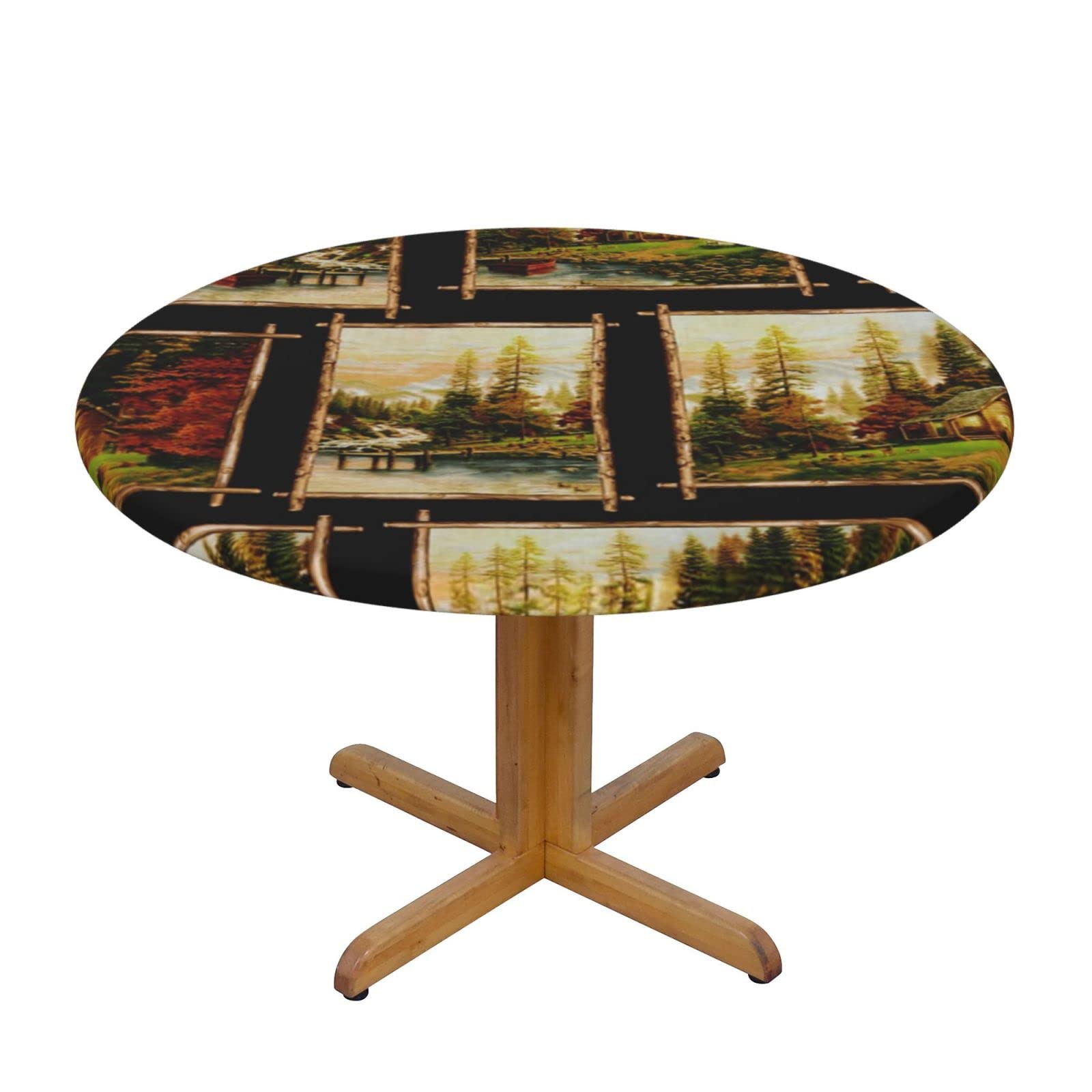 Lsjuee Round Fitted Tablecloth 45-50in Elastic Edged Table Cloth for Kitchen Dining Party Home Decor - Lodge Wild Cabin