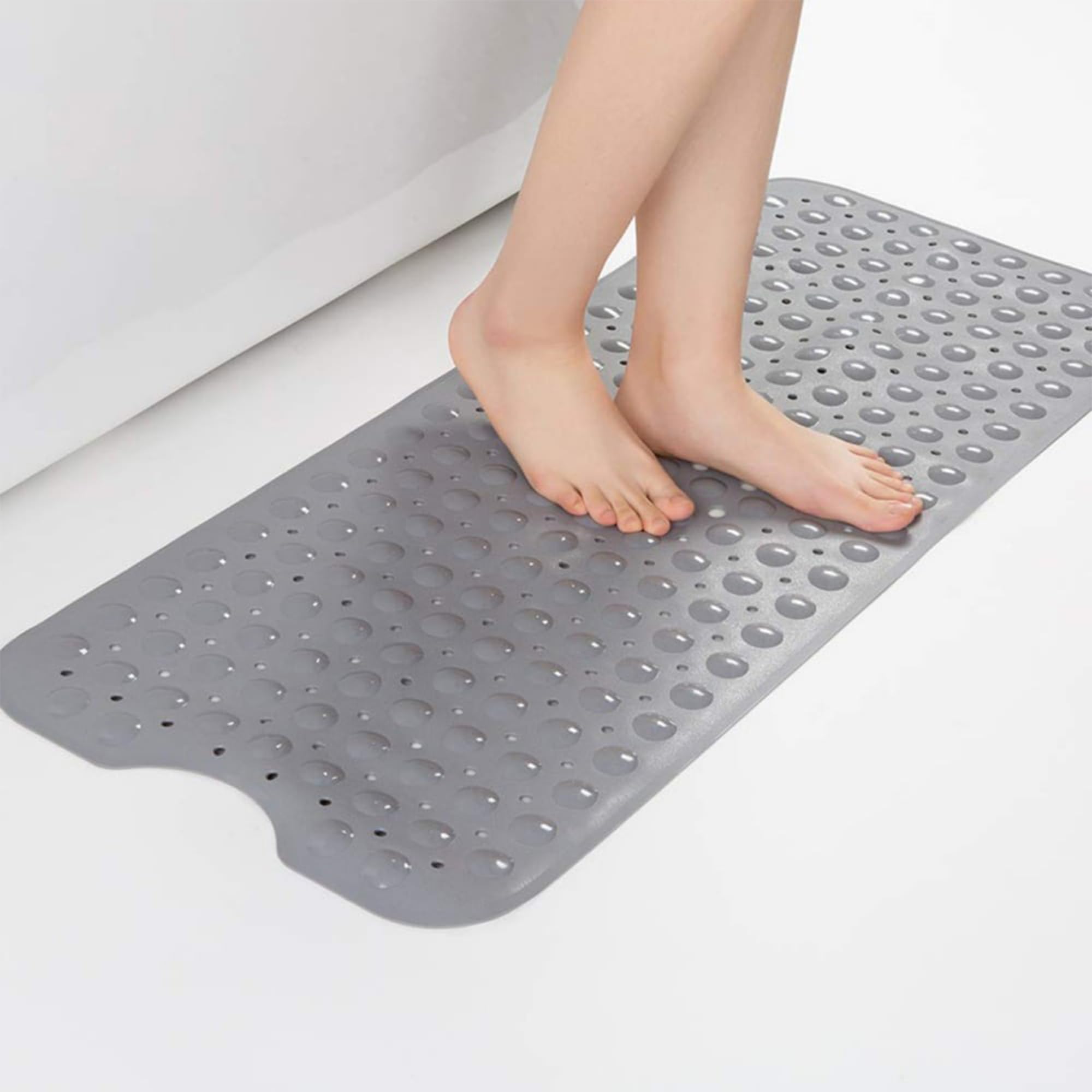 ASAB Rubber Non Slip Bath Mat 40 x 100cm Anti Mould Mildew Resistant Durable Shower Mat with Drain Holes Suction Cups Machine Washable Safe Comfortable Bathtub Mat for Elderly Children Grey (Large)