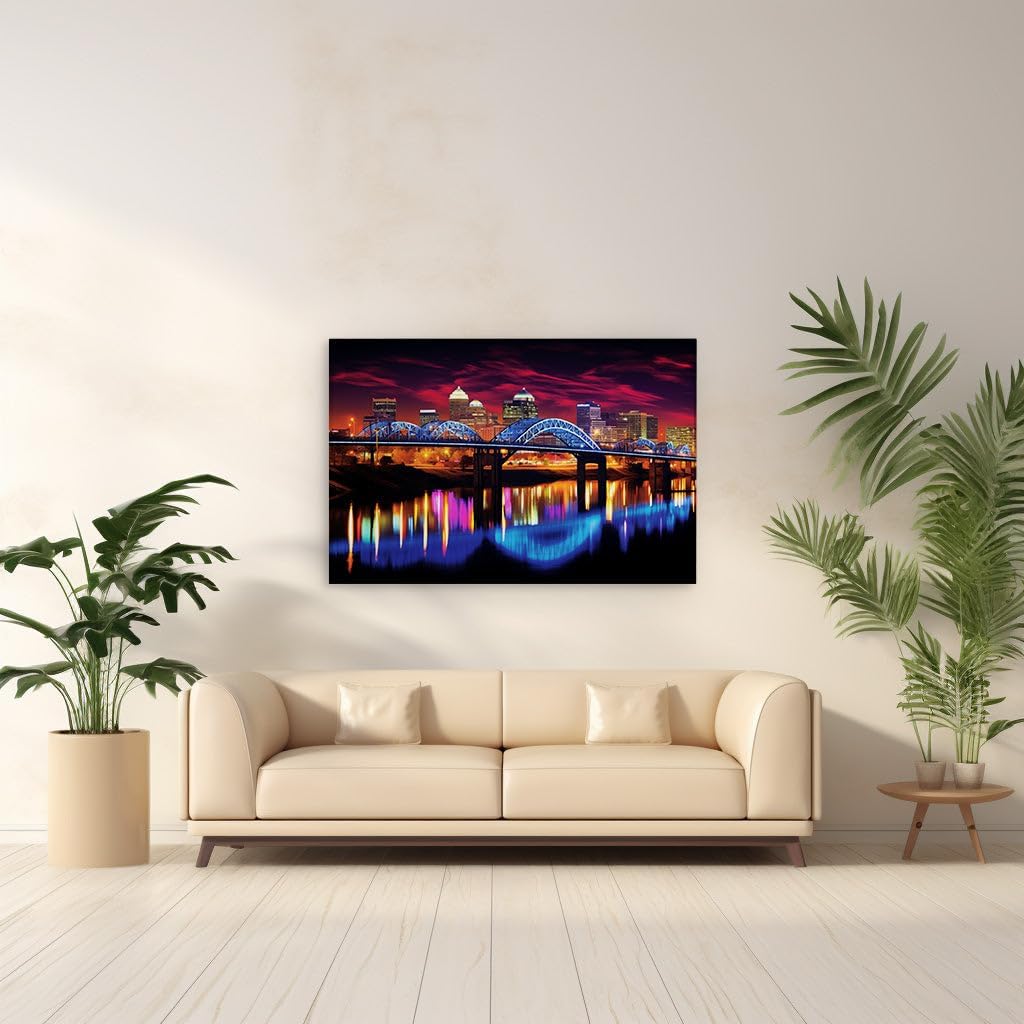 Canvas for Living room. Illuminated Elegance: Little Rock's Nighttime Panorama Unveiled, 27 x 18 inch Canvas Wall Art - Ready to Hang