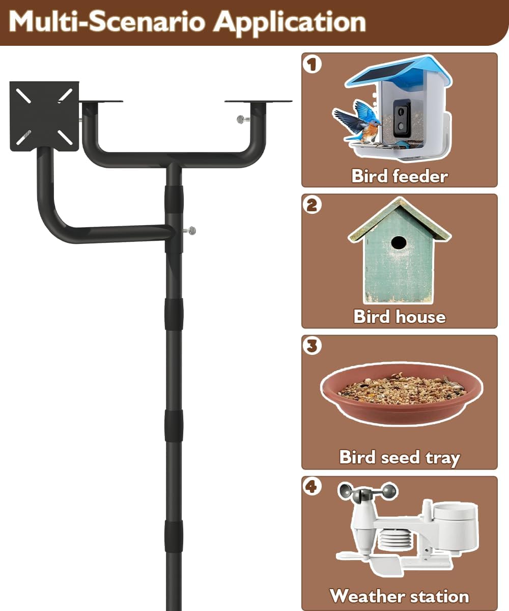 Garbuildman Upgraded Smart Bird Feeder Pole for 3 Birdhouses with Reinforced 5-Prong Base, Adjustable Birdhouse Pole for Outdoors, 3-in-1 Bird Feeder Stand Mounting Kit for Wild Birds Watching, Black