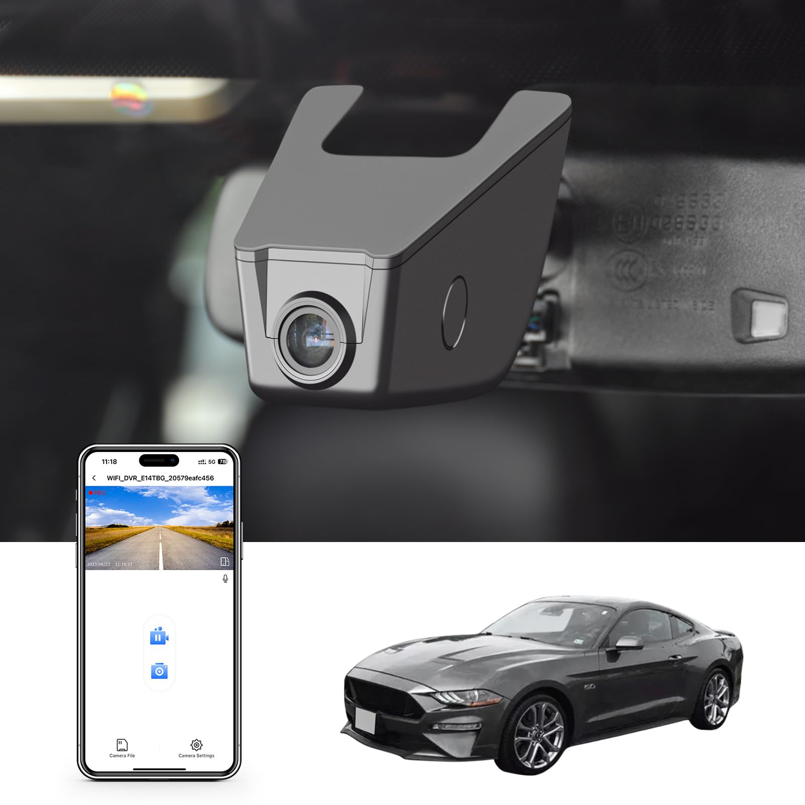 Mangoal 4K Dash Cam Fit for Ford Mustang S550 2015-2021(No a Big Cover), EcoBoost Premium GT Premiun Bullitt V6(Model B), Does Not Fit Ford Mustang S650 2024, WiFi & App, 128GB Card