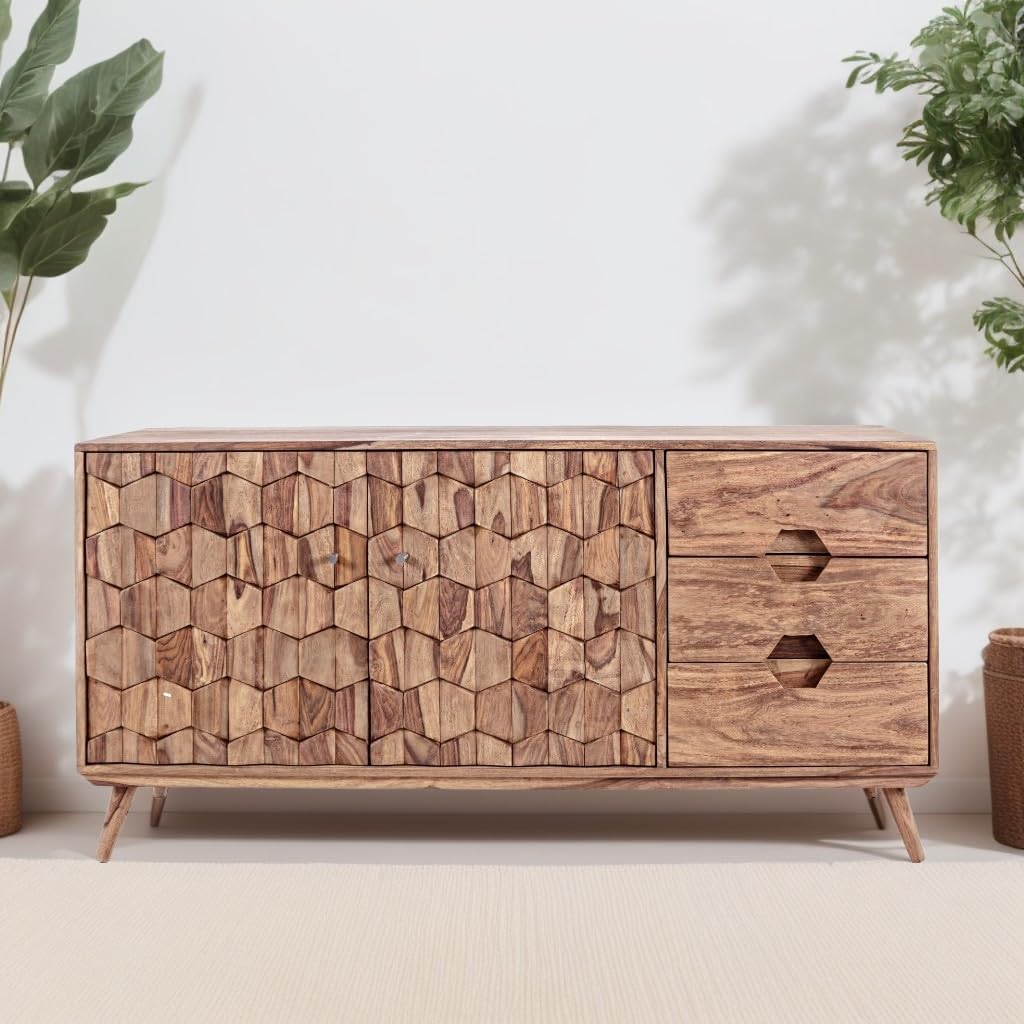 ANGEL FURNITURE Hobart Sheesham Wood Sieboard with hexgonal Brick Design L140xD40xH77 CM (2 Door 3 Drawer)-image-20
