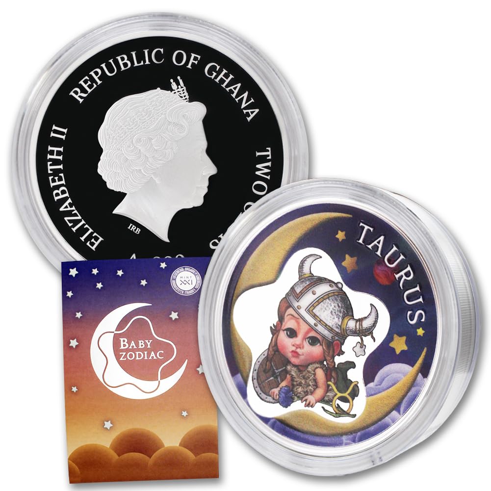 2022 1/2 oz Ghana Proof Silver Baby Zodiac Taurus Coin (Colored - in Capsule) with Original Certificate of Authenticity & Packaging 2 Cedis PF
