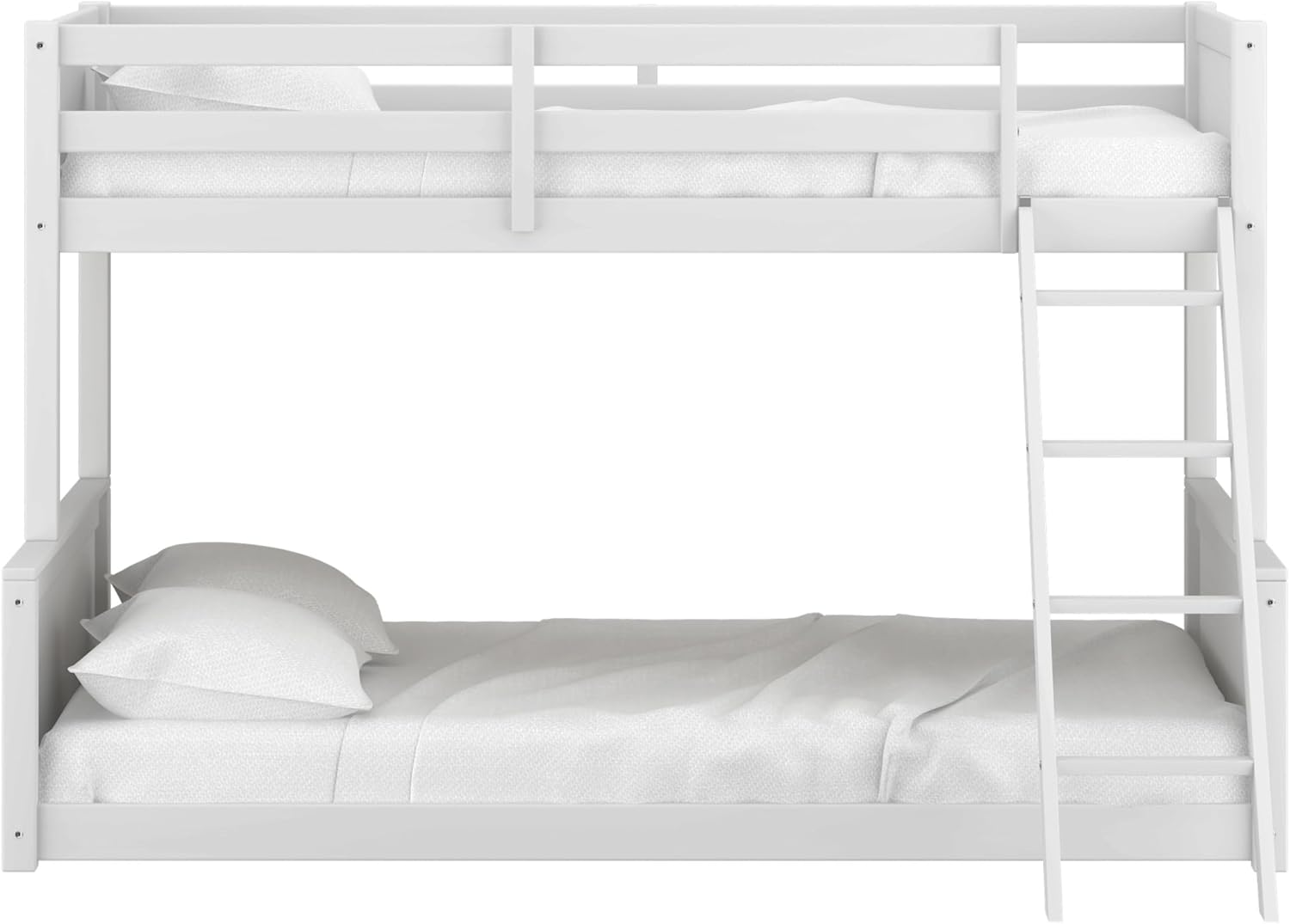 Hillsdale Capri Wood Twin Over Full Size Bunk Bed, front view with mattresses and bedding.