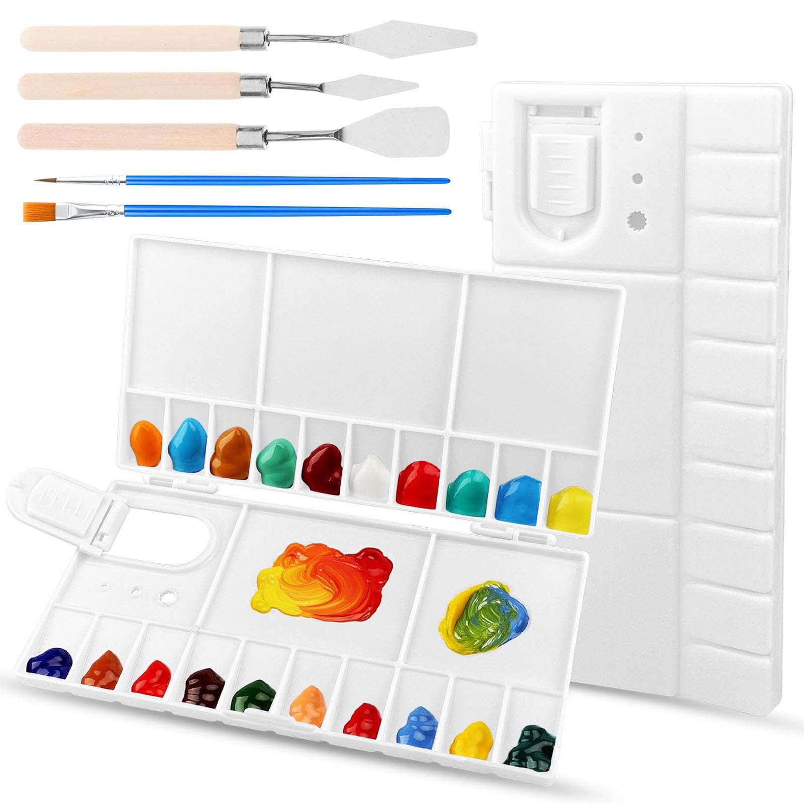 GZqiancang 2 Stücke Faltbar Mischpalette, Griffloch mit 3 Palette Messer und 2 Pinselset für Schüler,Kinder, Anfänger und Künstler