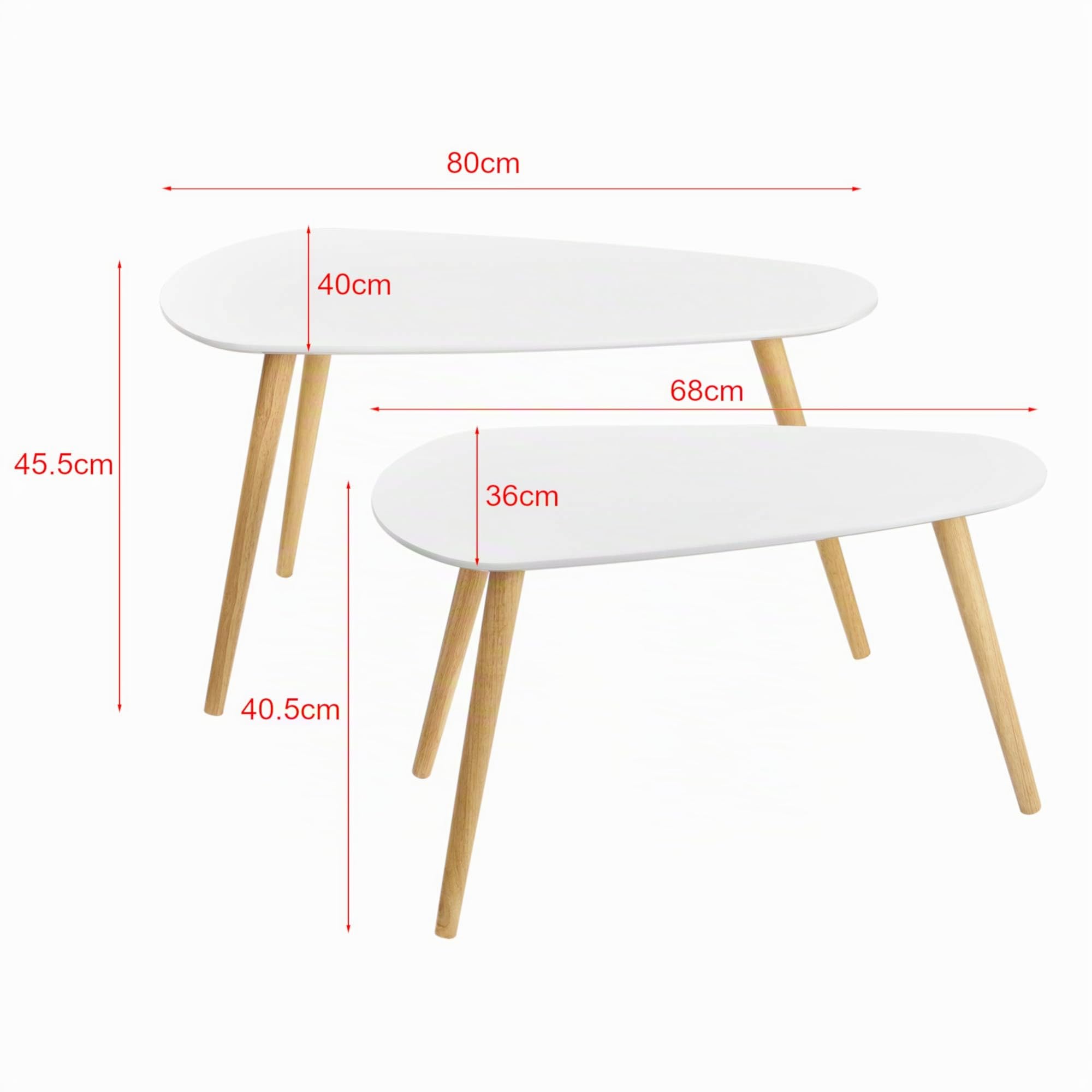 [en.casa] Set di 2 Tavolini Sovrapponibili con Piano Triangolare e Gambe in Legno di Pino Tavoli Bassi da Caffè in Altezze Diverse per Soggiorno Salotto - Bianco