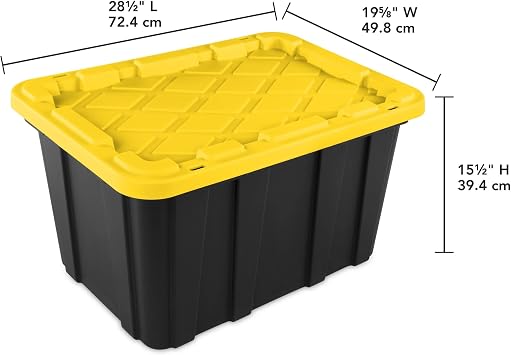 27 Gallon Durable Plastic Storage Tote with Snap-On Lid, Black and Yellow, Heavy-Duty, Secure-Grip Handles, 6 Pack