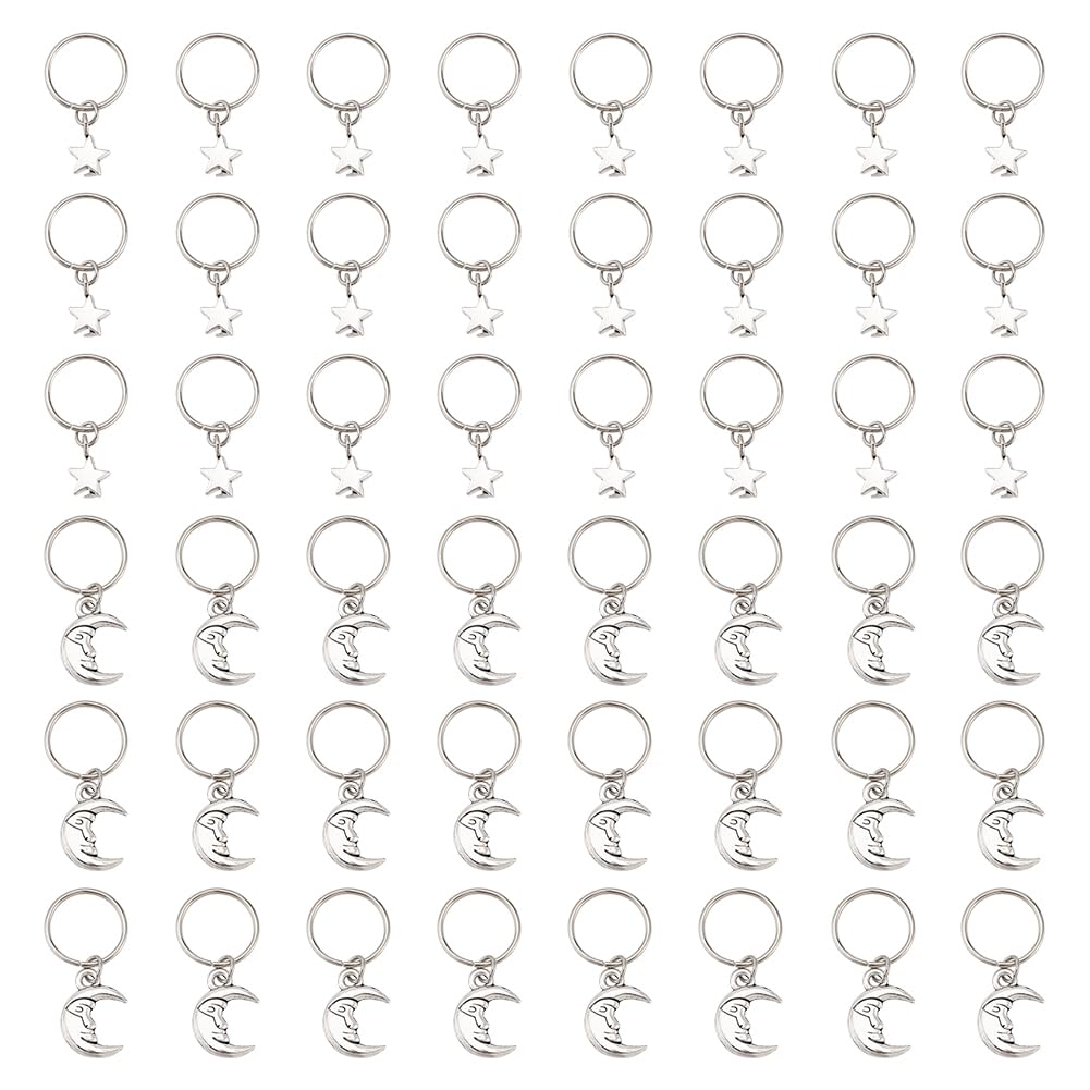 OLYCRAFT 48Pcs Moon Star Braid Hair Clips Alloy Braid Hair Jewelry Moon Star Dreadlock Braid Antique Silver Hair Rings Braiding Hair Pendants Dreadlock Braid Accessories for Hair Styling 30mm Long