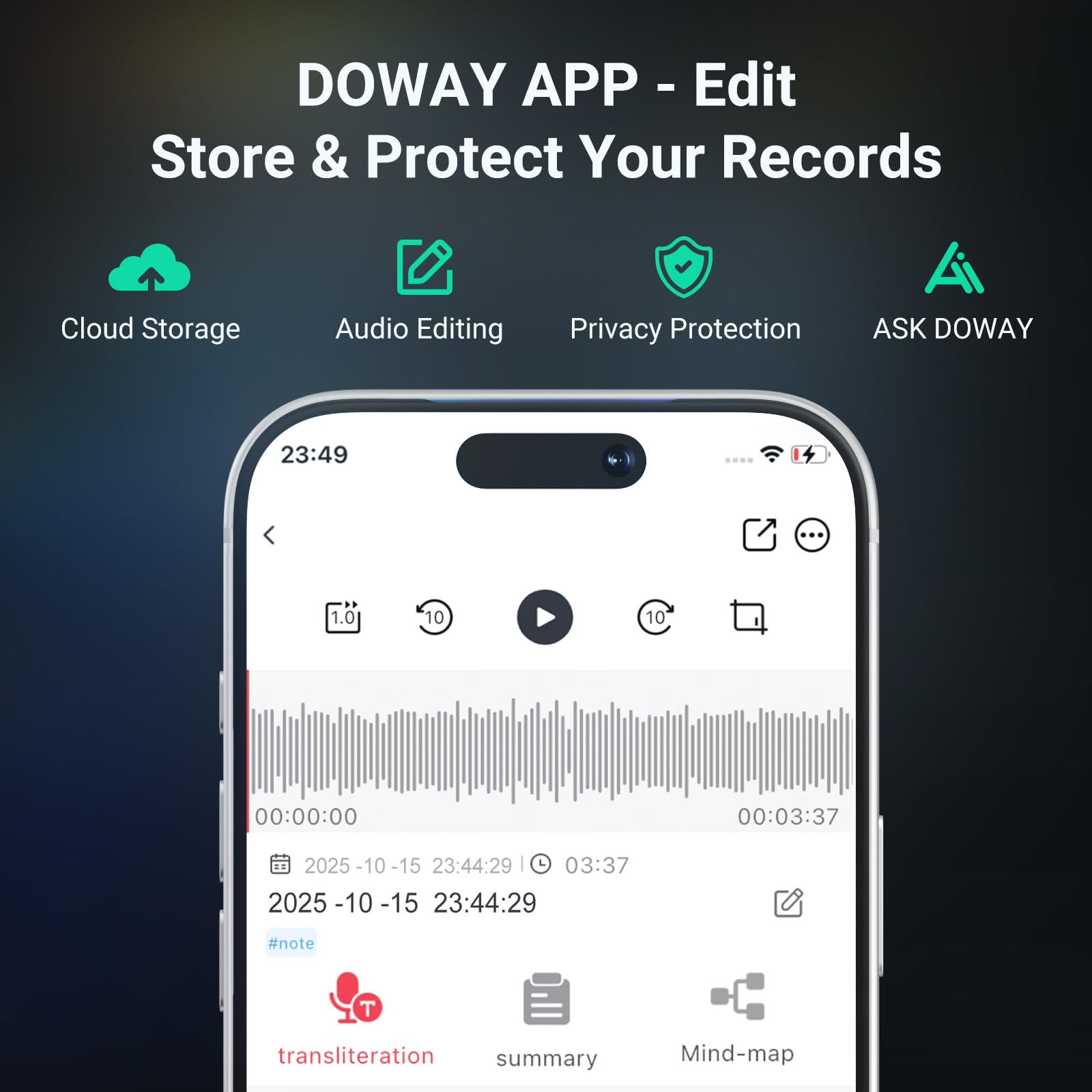 Registratore vocale con cancellazione del rumore AI, 64 GB di memoria, trascrizione e riepilogo, supporto 81 lingue, controllo tramite app, registratore audio per lezioni, riunioni, chiamate