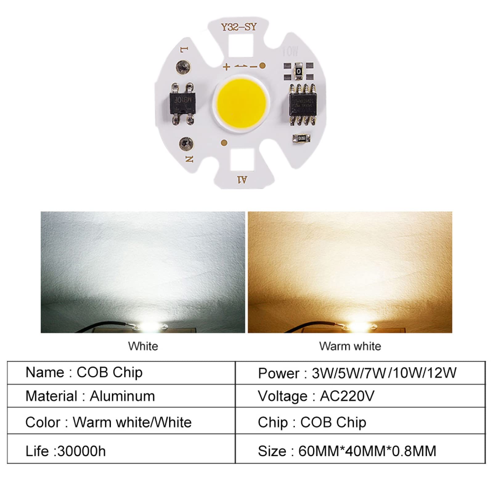 Żarówka LED, 2 szt. 3W-12W AC220V COB LED Chip Light do reflektorów i reflektorów, białe, ciepłe białe(Warm White,AC220V 10W)