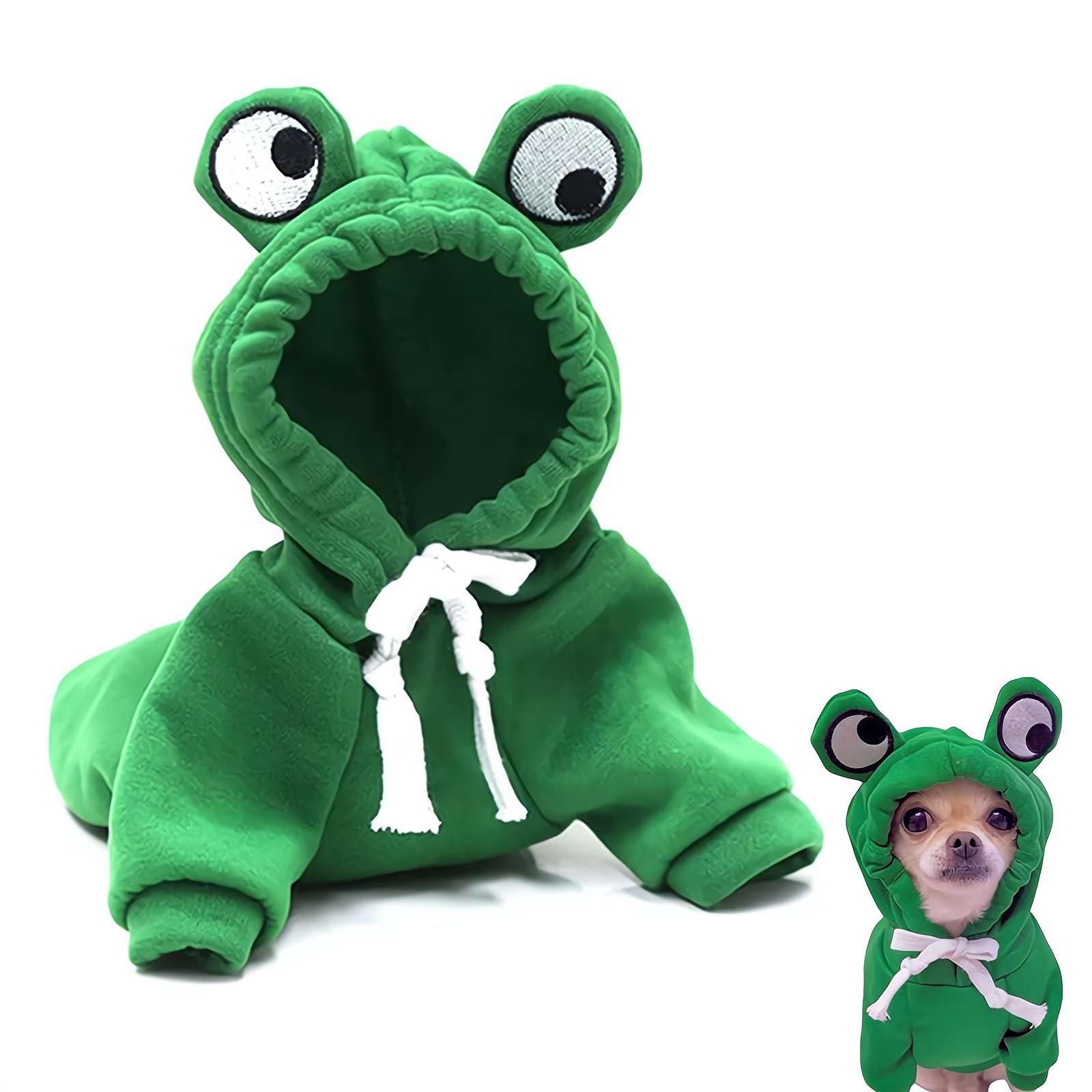 Pet Frog Hoodie Costume – Green Cotton Dog & Cat Sweatshirt with Eyes, Autumn Winter Warm Wear (L)