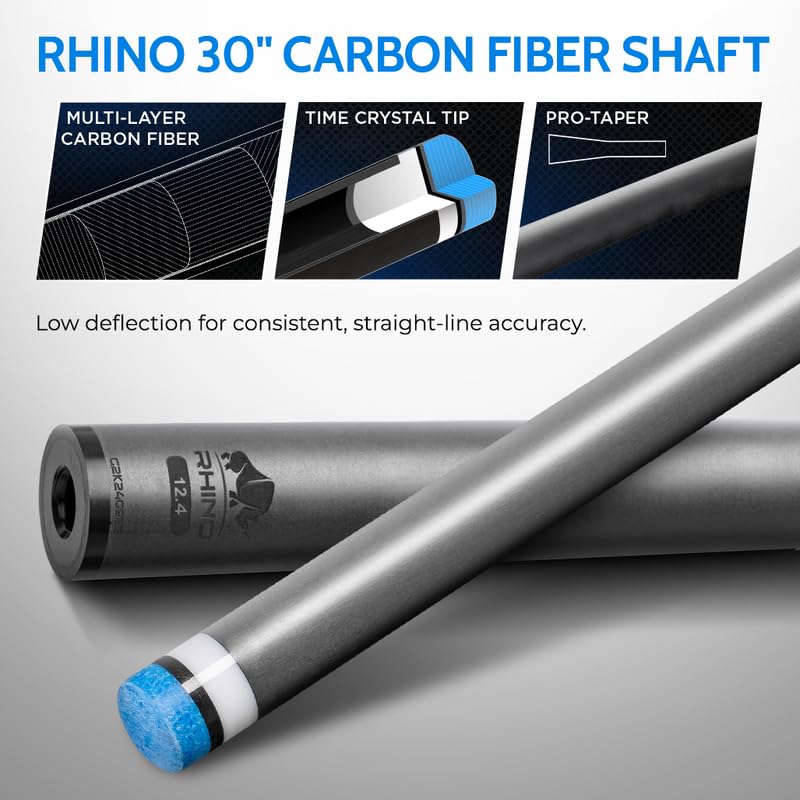 RHINO Nebula 2 Billardqueue – Premium-Kohlefaser-Schaft & Verbundkolben Time Crystal Tip Pro Taper Design 3/8-8 Gelenk, Wrapless Low Deflection Pool Queue