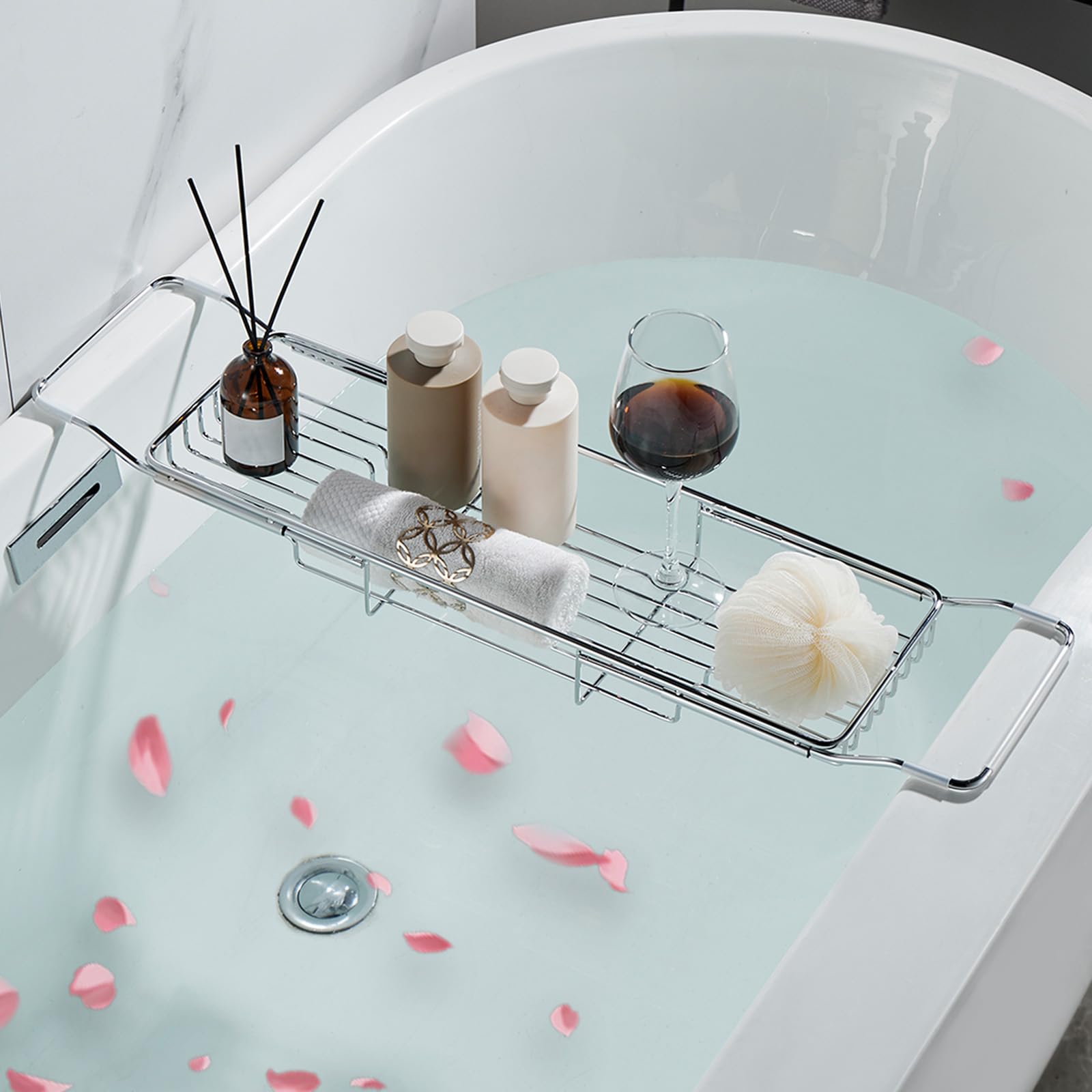 Badewannen-Caddy aus Edelstahl, erweiterbarer Badewannentablett, Tisch, verstellbares Badezimmer-Tablett, Badewannen-Organizer, Wannenregal, Silber, 67 - 89,9 cm