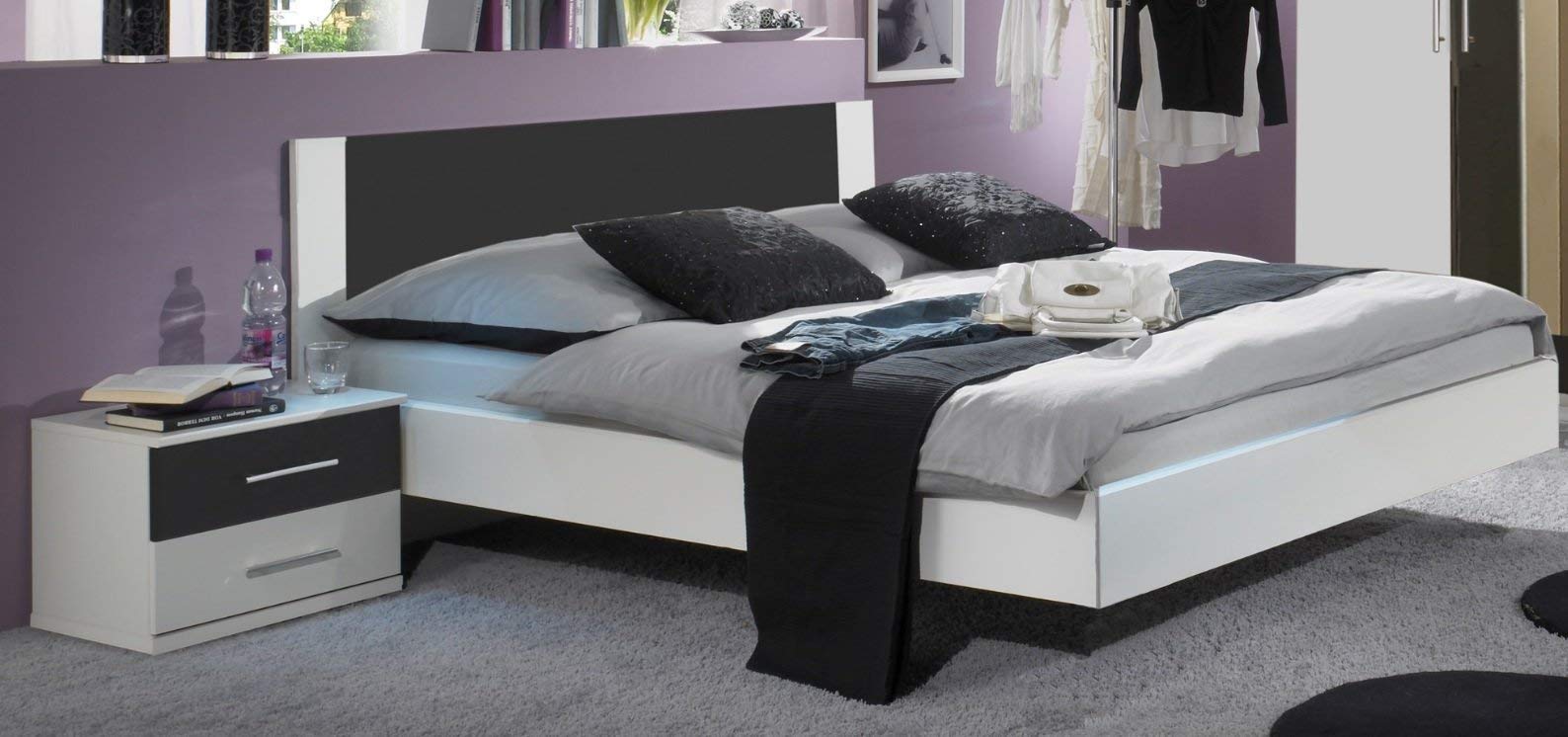 Wimex Schlafzimmer Set Nora, bestehend aus Bett, Nachschrank-Set und Kleiderschrank, Liegefläche 180 x 200 cm, Weiß/ Absetzung Anthrazit