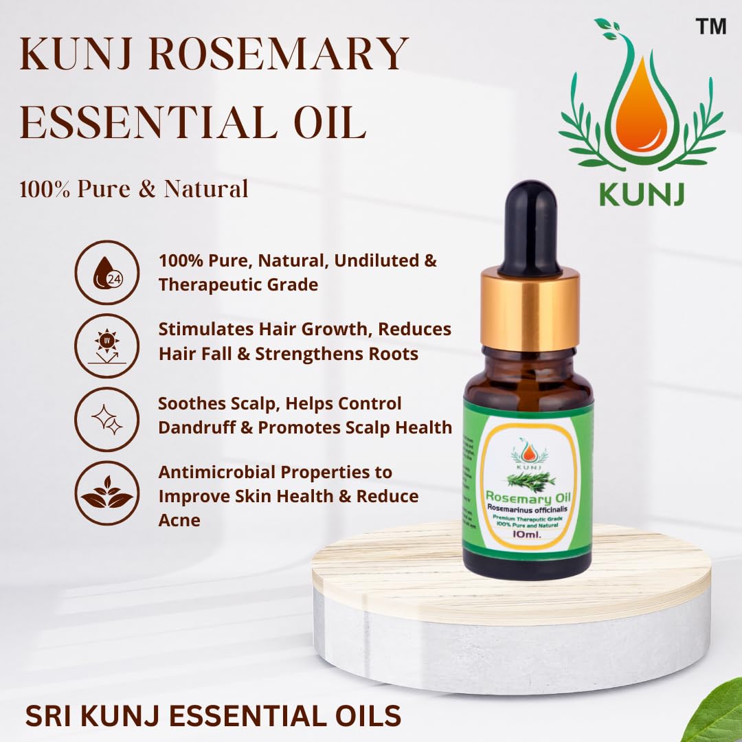 Kunj Rosemary Essential Oil 10ml - 100% Pure and Natural, Anirvat, Steam Distilled - Therapeutic Grade Rosemrinus Office of Office Oil for Hair Growth, Hair Fall Control, Nutrition and Skin Care Kunj Rosemary Essential Oil 10ml - 100% Pure and Natural, Anirvat, Steam Distilled - Therapeutic Grade Rosemrinus Office of Office Oil for Hair Growth, Hair Fall Control, Nutrition and Skin Care