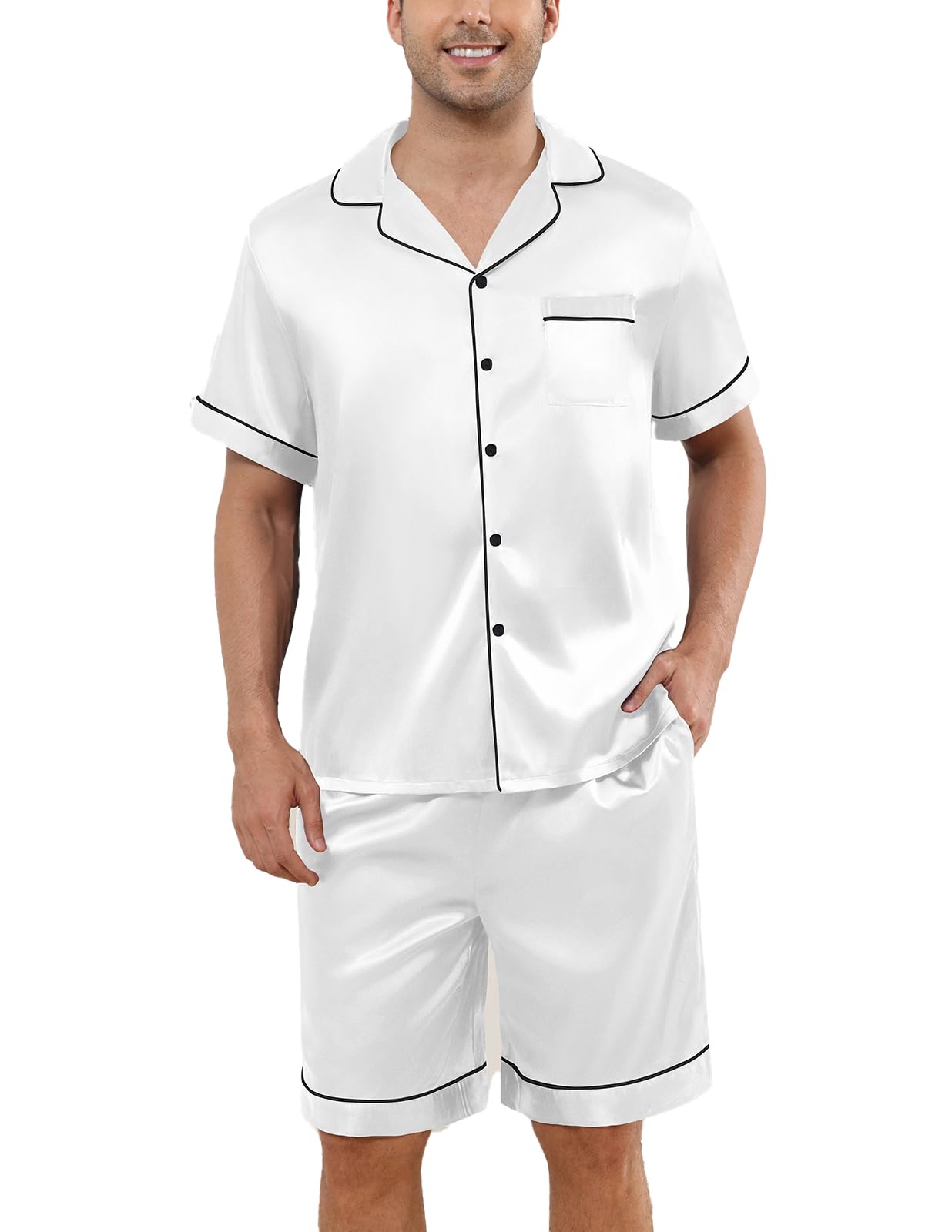 Mens Silk Satin Pajamas Set Short Sleeve Sleepwear Button-Down Pjs Sets Two-Pieces Loungewear with Pockets S-XXL-image-24
