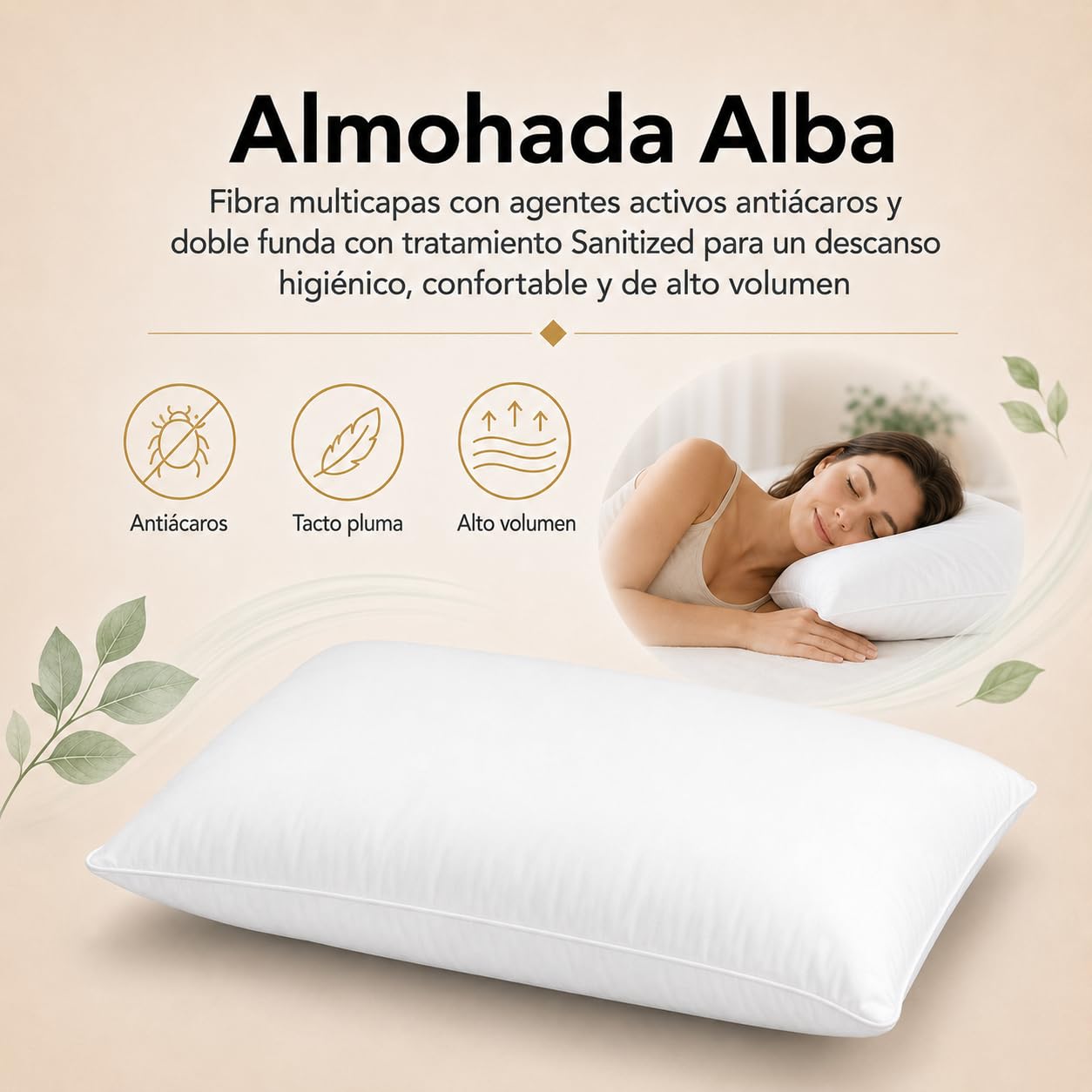 Moshy Almohada de Fibra Alba Antiácaros, Altura y Firmeza Alta, Doble Funda de Polialgodón con Tratamiento Sanitized (150 cm)