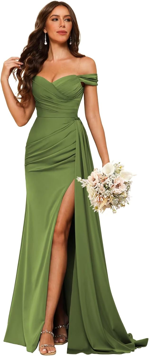 Women's Off Shoulder Ruched Bridesmaid Dresses Long with Slit Satin Formal Prom Dress VS018