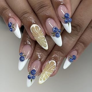 24Pcs Summer Fruit Press on Nails Almond Fake Nail Cute 3D Blueberries Lemon Design Summer False Nails Medium Reusable French Tip Acrylic Nail Glue on Nails for Women Manicure Decoration