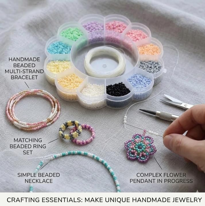 Image of Beadsnfashion 12 Assorted Color Opaque Luster Glass Seed Beads Kit for Girls and Kids (Size 11 /0, 2mm) with 12 Mtrs Nylon Thread for Jewellery Making, Beading, Embroidery, Art & Craft Projects