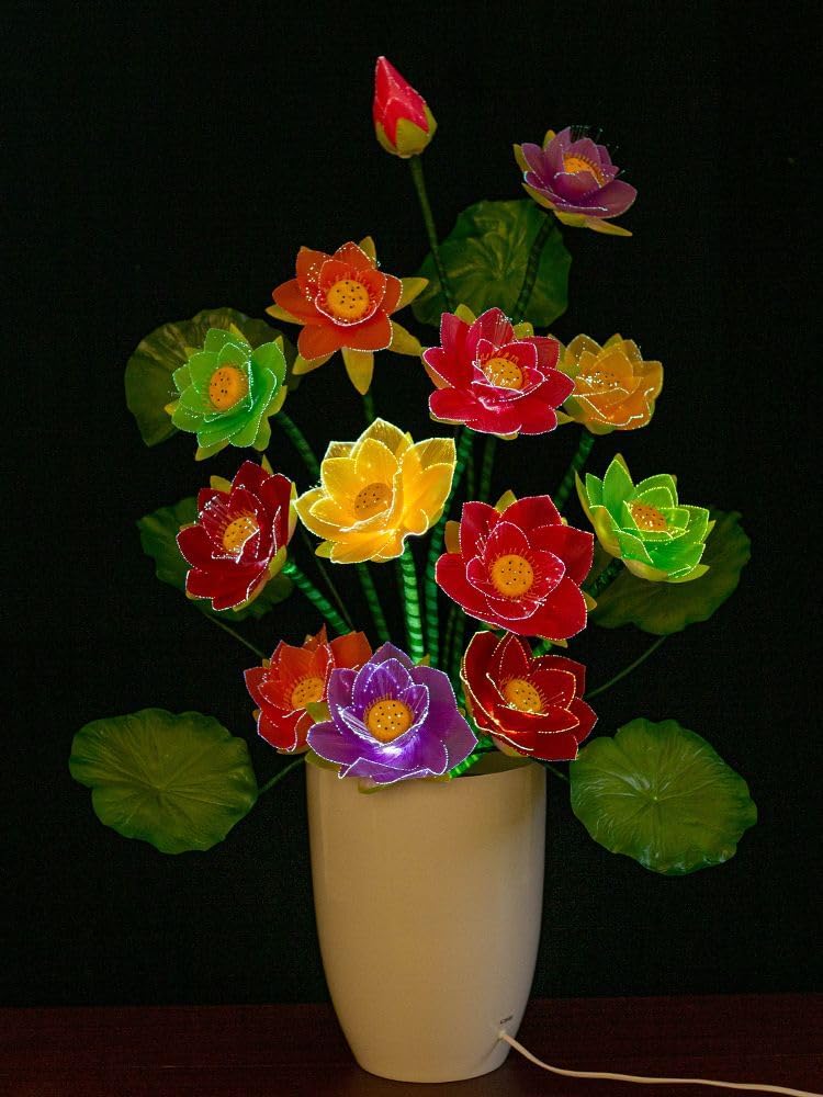 Ecqizer （ 【白瓶至尊款】 大九品/浅彩色 高80CM ） Flower induction lamp for Buddha, bonsai flower colorful lamp, fiber optic lotus lamp, LED lotus lamp, Buddha lamp, water lily for Buddhist family, 9113036670022