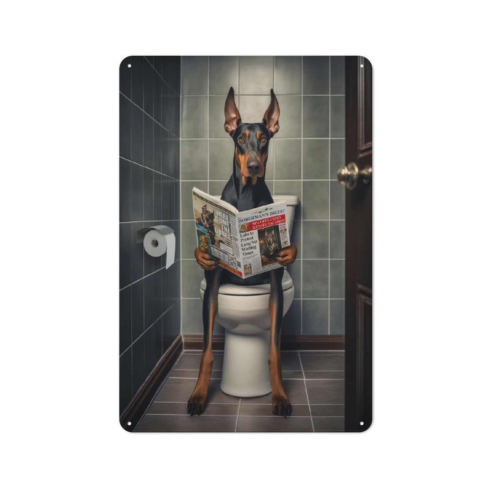 Metal Sign 30x20cm with Doberman on The Toilet for Hallway Wall, Rustic Decor, Housewarming Present for People Styling Hallway