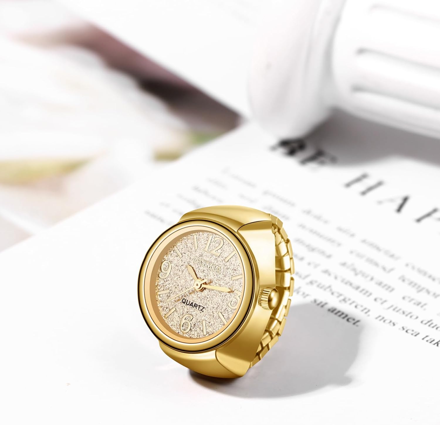 JewelryWe Men Women Finger Watches Gold Plated Elastic Watch Rings Simple Round Quartz Ring Watches for Mother's Day