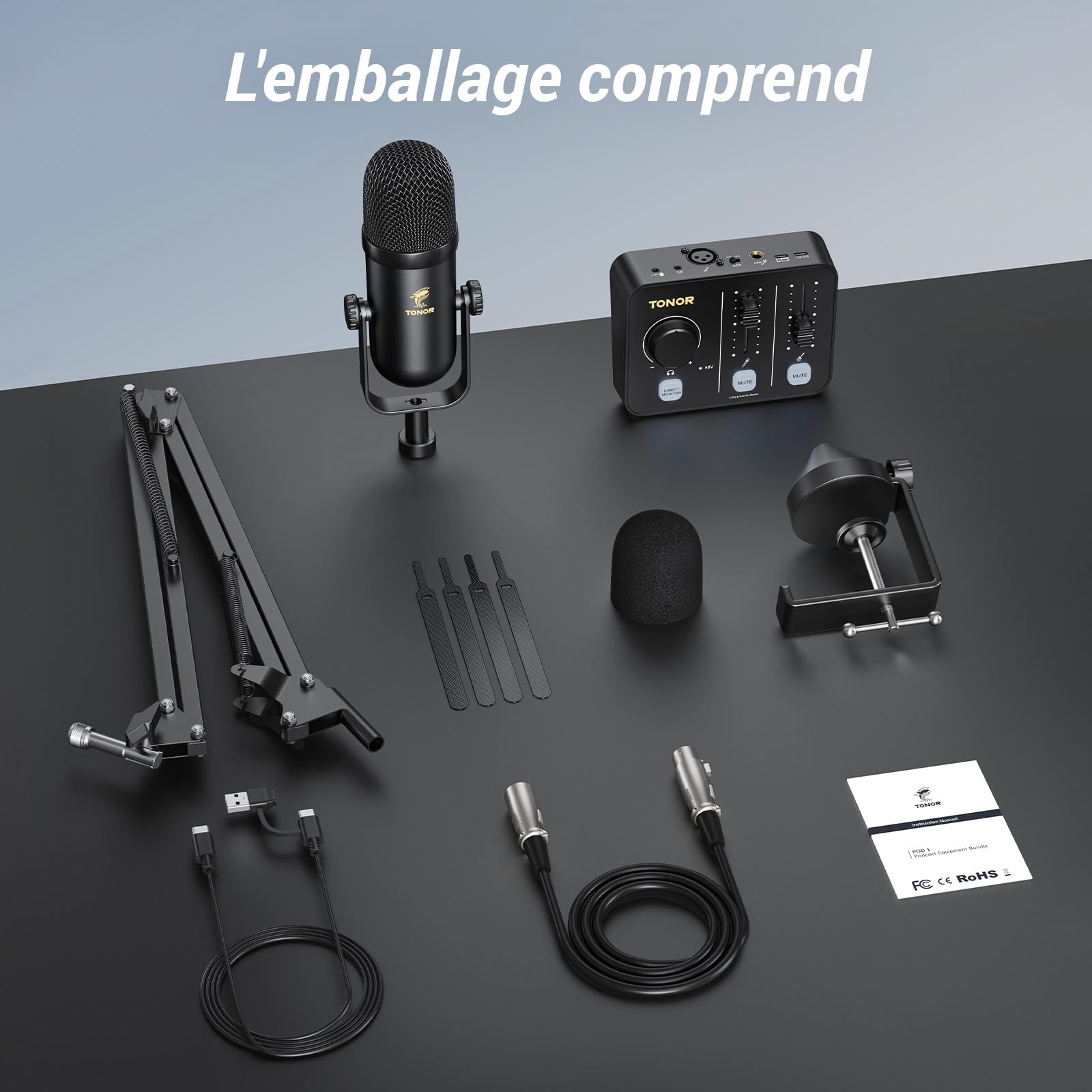 TONOR Ensemble D'équipements de Podcast, Mixeur Audio avec Micro Dynamique ou Perche, Microphone XLR avec Interface Audio de Studio, Pack tout-en-un pour Podcasting, Streaming, Enregistrement POD-1