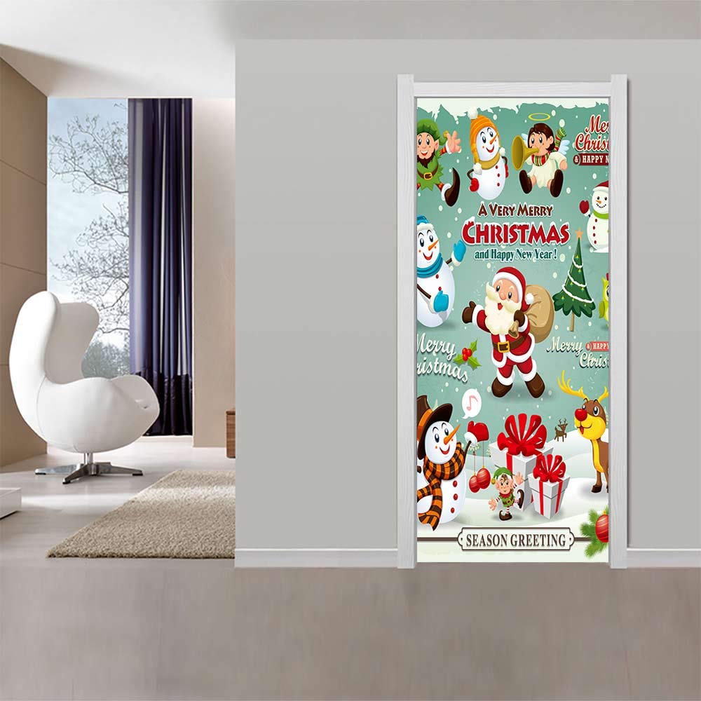 Sticker de porte de Noël 88x200cm trompe l\'œil amovible et imperméable