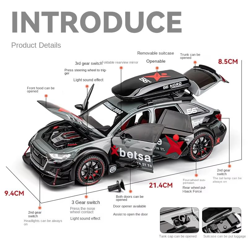 Image of VBE 1:24 Audi RS6 Modified Diecast Metal Pull Back Car with 6 Openable Doors with Sound and Light Toy Decoration car Best Gift Toys for Kids ?Colors as Per Stock?
