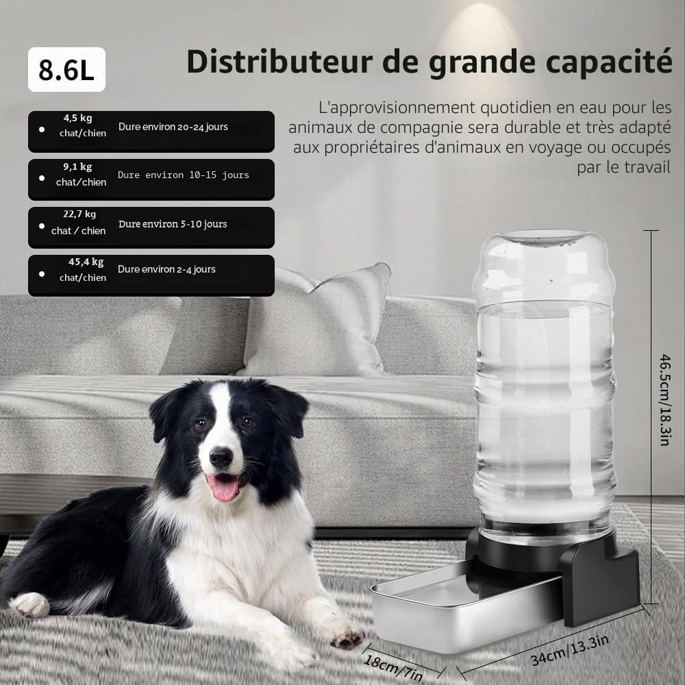 Marchul 8.6L Distributeur d'eau pour Chien Chat, Distributeur Eau Automatique par Gravité avec Gamelle INOX et 3 Filtres, Grande Capacité Distributeur Eau pour Animaux de Compagnie, sans Électricité