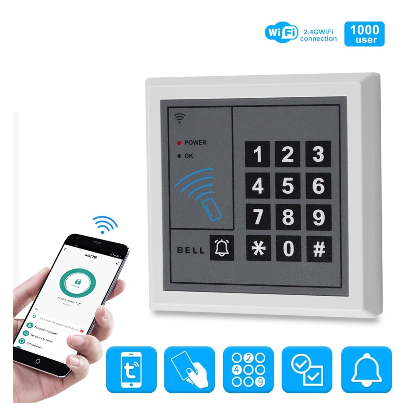 Tastiera di controllo accessi WiFi Sistema autonomo Apriporta Lettore schede WG26, Vestibilità standard europea(Keypad VS Cards)