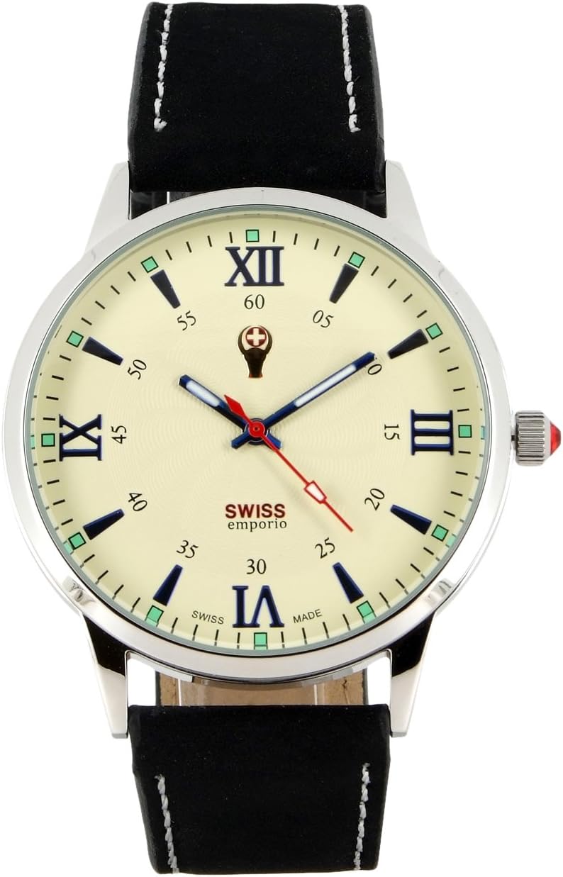 Men's Quartz Swiss Made Watch with Beige Dial Analogue Display and Black Leather Strap SE03CRSL10