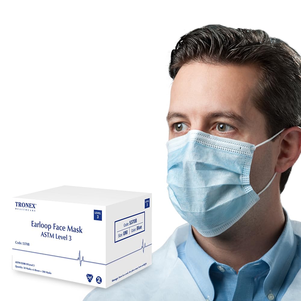 Tronex 5370B Disposable Face Masks, Level 3 Procedure Mask, Unisize, Blue, 3-Ply Nonwoven Fabric, Latex-Free, Elastic Earloops, Malleable Nosepiece, Case of 300