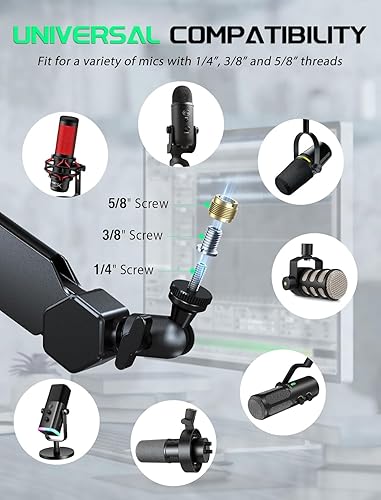 Vista 7 de FIFINE Brazo de Micrófono con Boom, Soporte de Micrófono con Canales de Gestión de Cables, Tubo de Extensión, Abrazadera de Escritorio, Adaptador