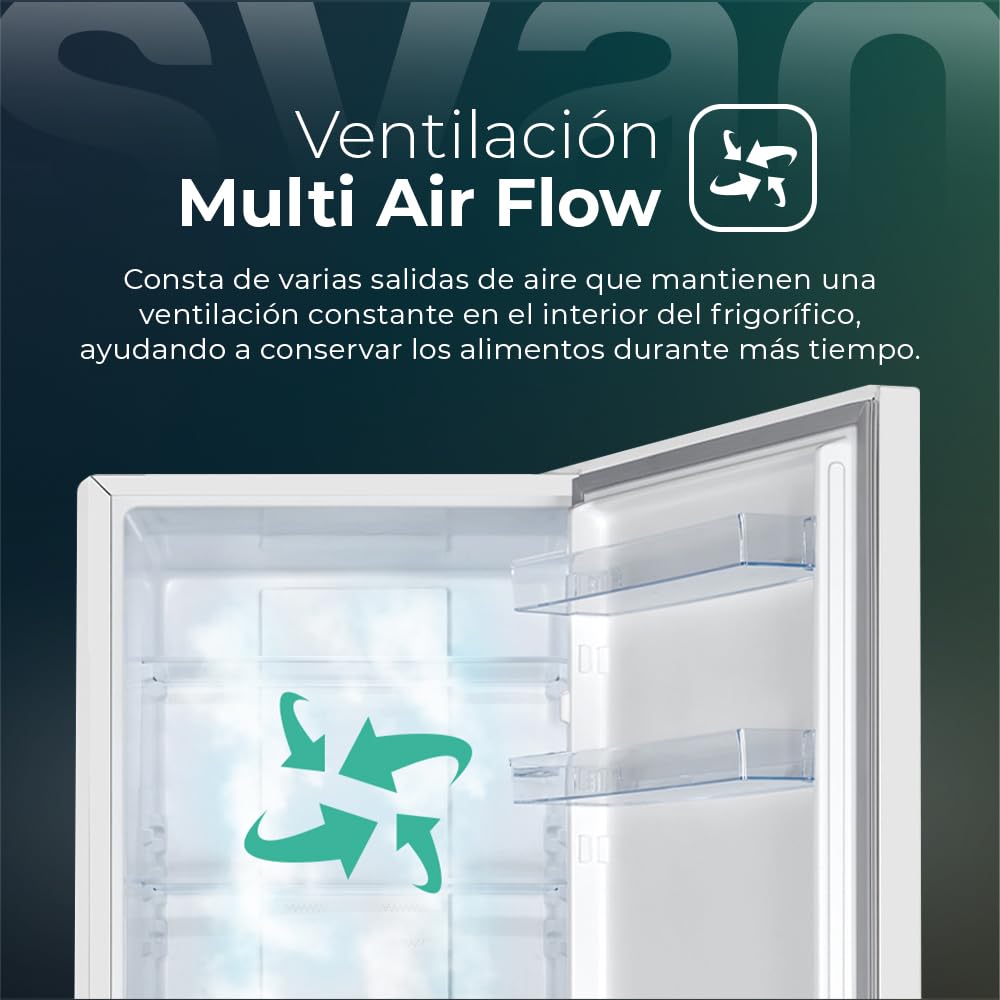 Svan Frigorífico Combi 2 Puertas Inox SC185603ENFX. Capacidad 293 Litros, No Frost, Multi AirFlow, Puerta Reversible, Bajo Nivel Sonoro, Eficiencia Energética Clase E