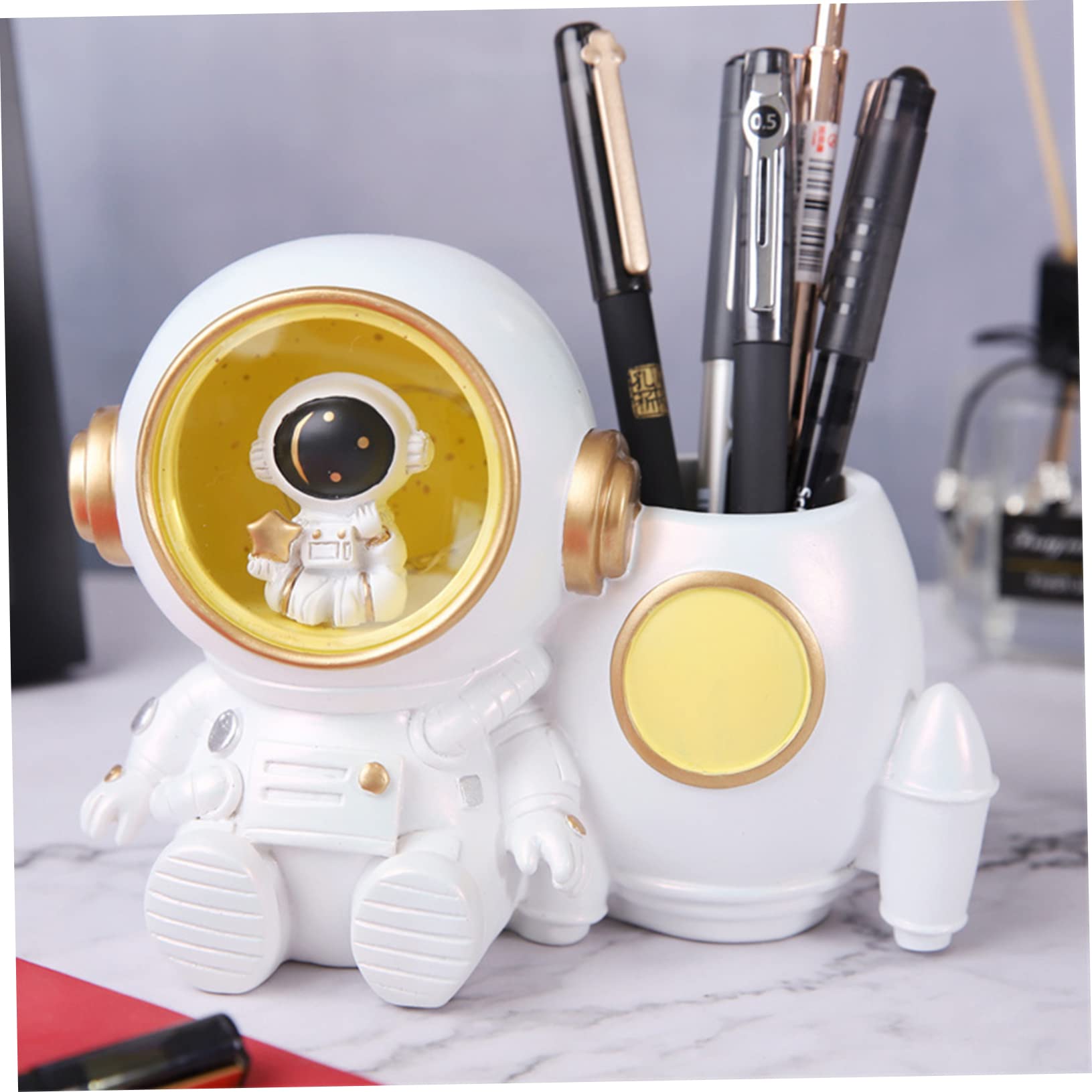 Angoily LED Astronauten Stiftehalter aus Kunstharz, Weiß, für Schreibtisch