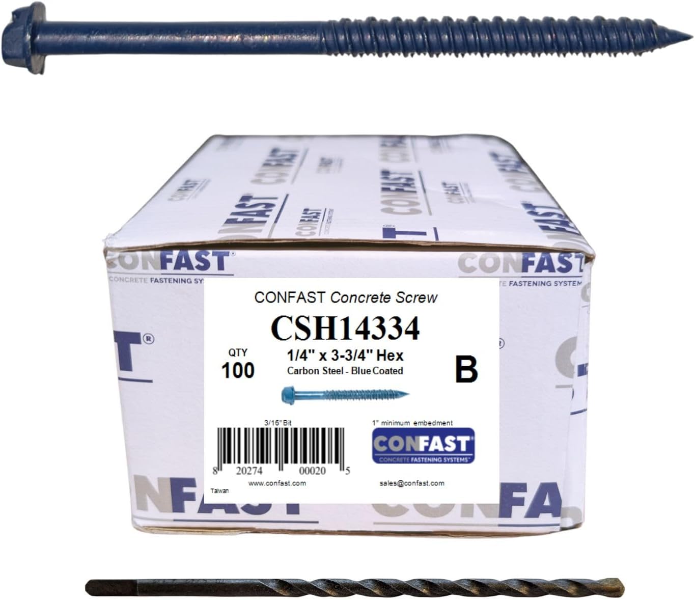 CONFAST 1/4" x 3-3/4" Hex Head Concrete Screw Anchor with Drill Bit for Anchoring to Masonry, Block or Brick (100 per Box)
